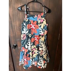 Doe and Rae Tropical Floral Tiered Mini Dress Small Sleeveless Tie Strap Summer